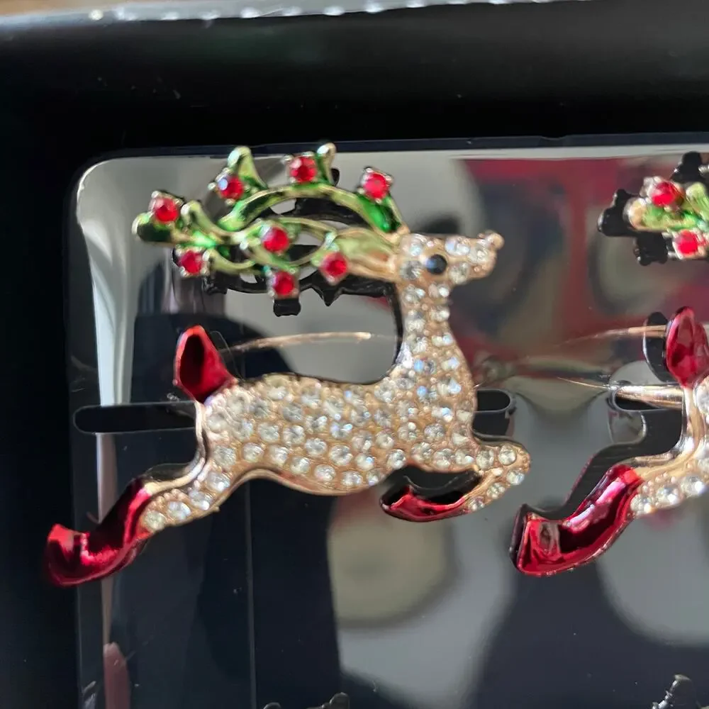 Nicole Miller Christmas Rhinestone Reindeer Napkin Rings Set of 4 Holiday Glam